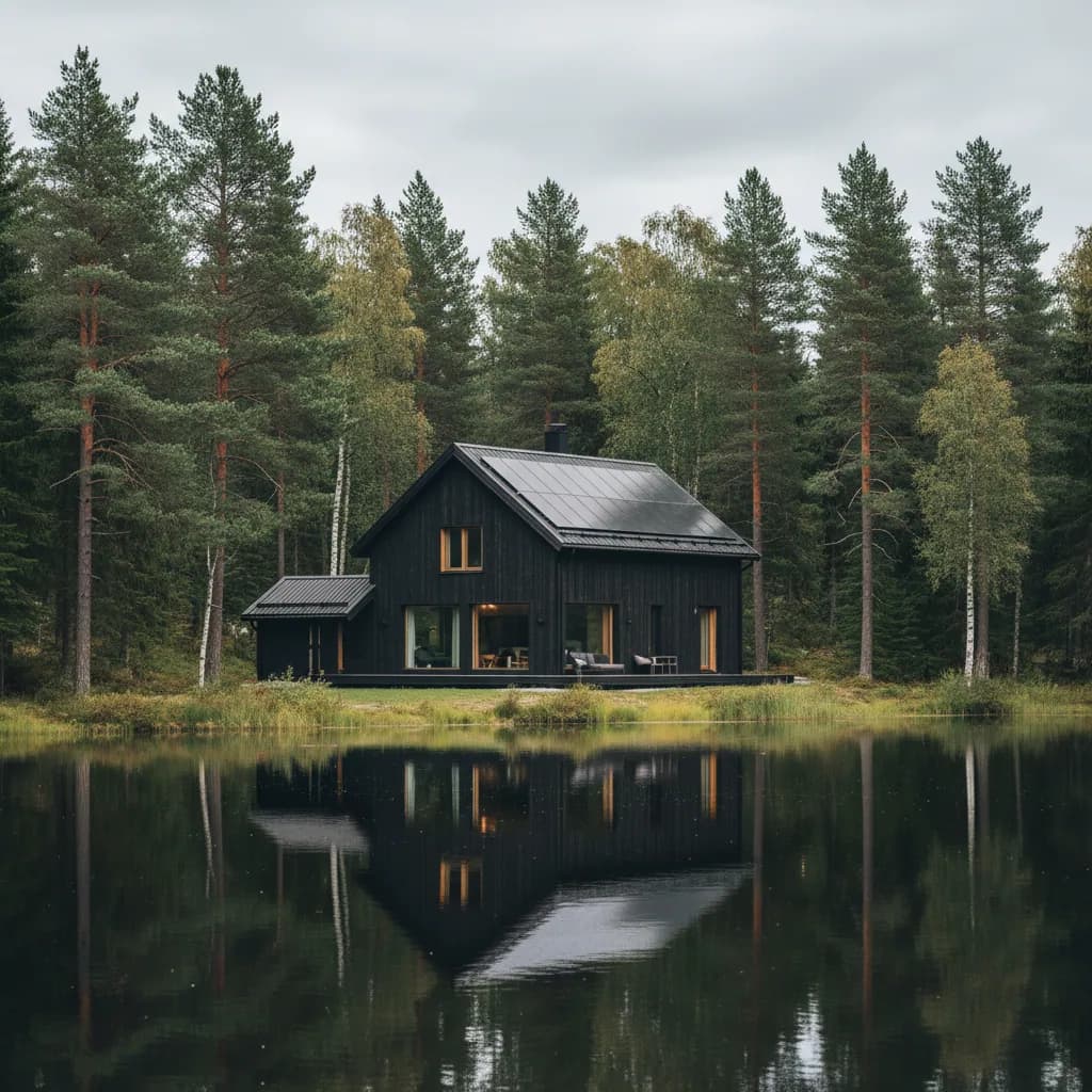 Nordic wooden home with solar panels surrounded by pine trees