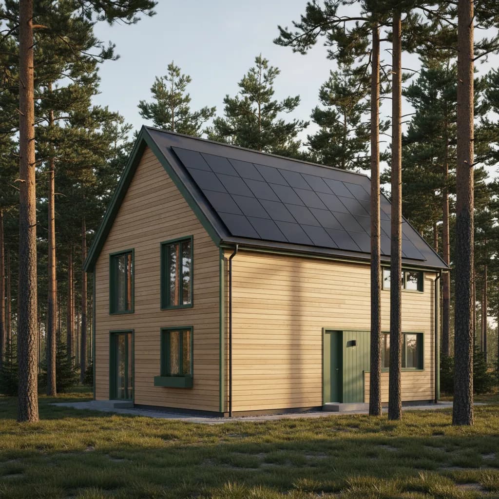 Nordic residential home with rooftop solar panels at golden hour